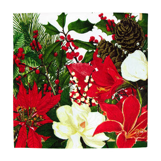 A package of Caspari Christmas Garden lunch napkins featuring a colorful floral and holiday-themed design with red, white, and green tones.