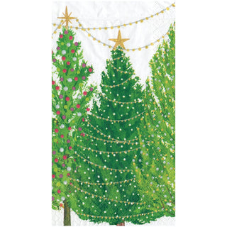 Caspari Christmas Trees with Lights Guest Towel Napkins star red green garland light gold