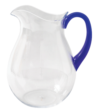 A clear acrylic pitcher with a cobalt blue handle.