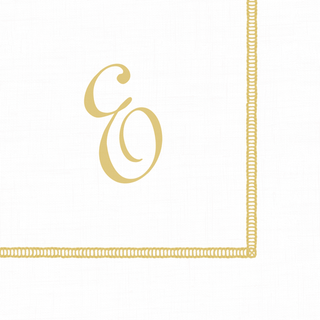 A white cocktail napkin with a hemstitch pattern and a gold script initial 'E' in the corner.