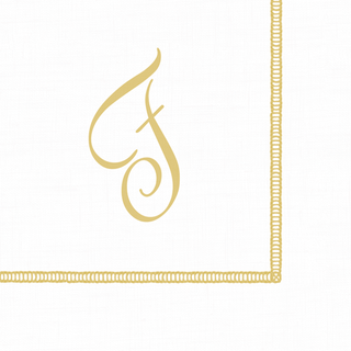 A white cocktail napkin with a hemstitch design and a script initial 'F' printed in gold.