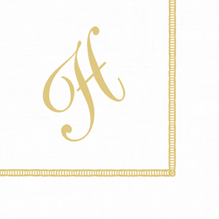 A white cocktail napkin with a hemstitch pattern and a gold script initial 'H' in the corner.