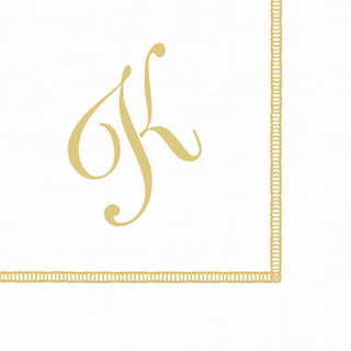 A white cocktail napkin with golden hemstitch and script initial design, packaged as 20 napkins per package.