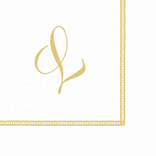 A white cocktail napkin with a hemstitch design and a gold script initial 'L' in the corner.