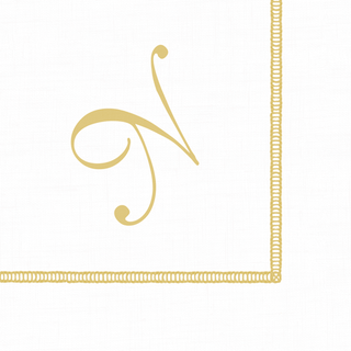A white cocktail napkin with a hemstitch pattern and a gold script initial 'N' in the corner.