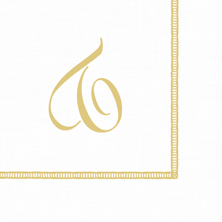 A white cocktail napkin with a hemstitch design and a printed golden initial 'T' in the corner.