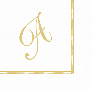 A white cocktail napkin with a hemstitch pattern and a script initial 'A' printed in gold.