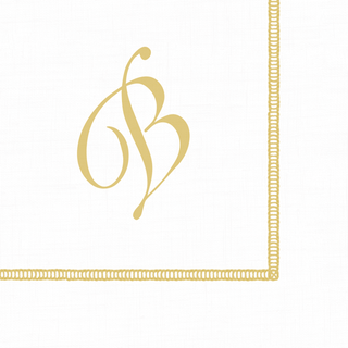 A white cocktail napkin with a hemstitch design and a printed golden initial 'B' in the corner.