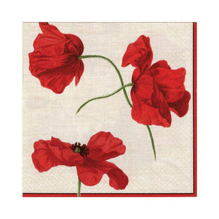 A pack of Caspari ivory luncheon napkins with a red poppy flower design.