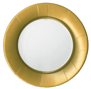 A round paper plate with a gold exterior and white interior.