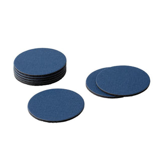 A set of round, felt-backed coasters in navy blue color, displayed in a stack and individually.