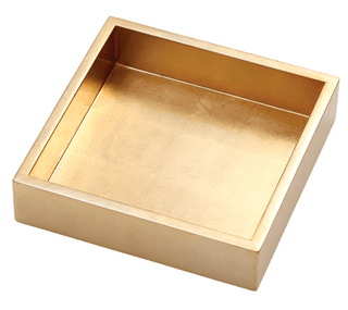 A gold lacquer luncheon napkin holder with a sleek, square design.