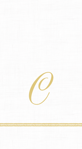 A white napkin with a golden hemstitch design and the initial 'C' printed in the center.