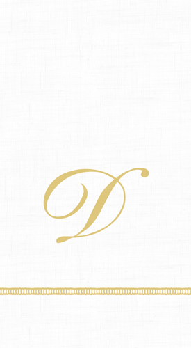 A white napkin with a golden hemstitch pattern and a scripted initial 'D' in the center.