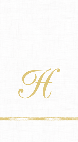A white napkin with a hemstitch design and a gold script initial 'H' in the center.