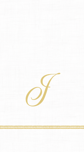 A white napkin with a hemstitch design and a printed golden initial 'J' at the center.