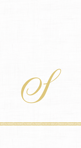A white napkin with a hemstitch design and the script initial 'S' printed in gold at the center.