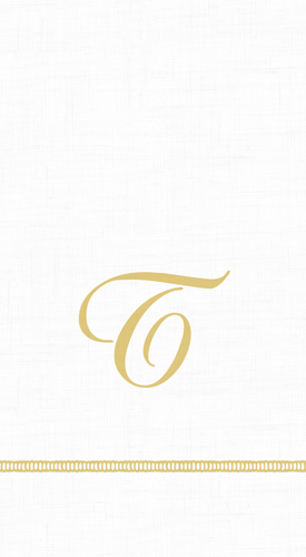 A white napkin with a golden hemstitch design and the initial 'T' printed in the center.