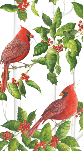 A pack of paper napkins with a white and silver design, featuring red cardinals perched among green leaves and red berries.