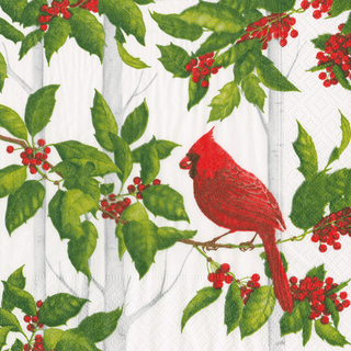 Caspari napkin with red song bird on a branch with green leaves and red berries
