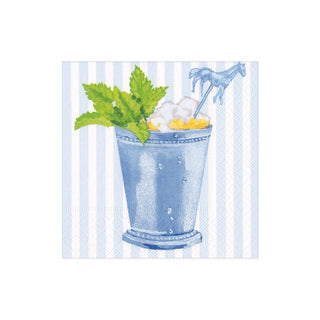 A paper cocktail napkin with a blue stripe background and a graphic of a mint julep cup with a horse, ice, and mint leaves.