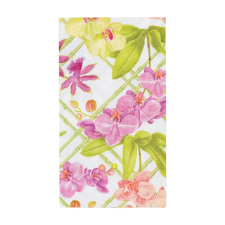 A pack of Caspari Orchid Conservatory guest towel napkins featuring a floral design with prominent pink orchids against a white background.