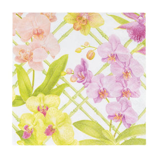 A pack of luncheon napkins featuring a floral pattern with various colors including purple, pink, and green.