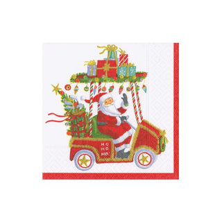 Caspari Santa's Golf Cart Cocktail Napkins red Santa green white ornament gift star ho ho ho wreath gold
