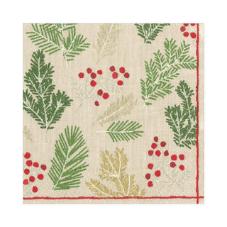 A triple-ply lunch napkin with a pattern of green leaves and red berries on a beige background.