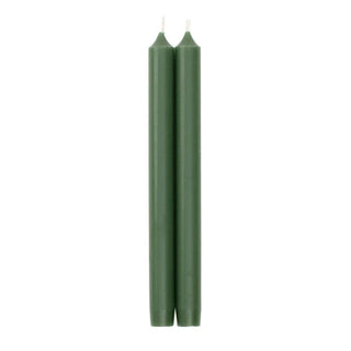 A pair of 10-inch Caspari straight taper candles in hunter green, packaged in cellophane.