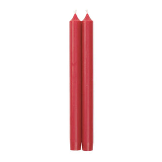 A pair of red straight taper candles, 10 inches long, made with a paraffin and palm wax blend and lead-free cotton wicks, packaged in cellophane.