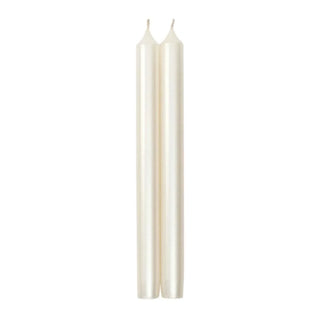 A pair of white pearlescent 10-inch Caspari straight taper candles.