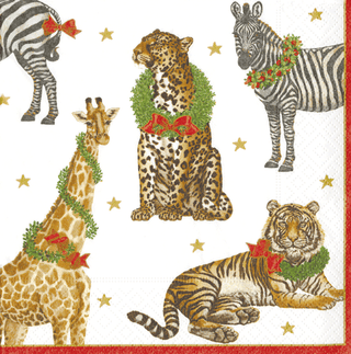 A pack of cocktail napkins with a design featuring a giraffe, zebra, and leopard wearing Christmas wreaths.