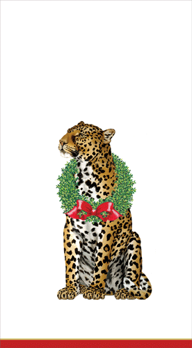 A decorative napkin featuring an illustrated leopard with a Christmas wreath and bow.