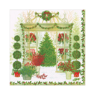 A pack of lunch napkins with a printed winter conservatory design featuring plants and holiday decorations.