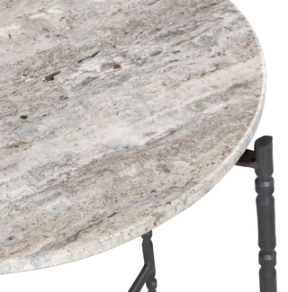 A beige marble top end table with grey veining, complemented by a hammered metal base and legs.