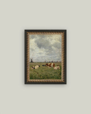 Cattle On the Pasture Framed Antique Art 16"x12" cow field windmill
