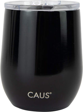 A black stainless steel wine tumbler with a clear lid, featuring the CAUS brand logo.