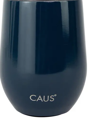 A metal navy blue stemless wine tumbler with CAUS logo on the front