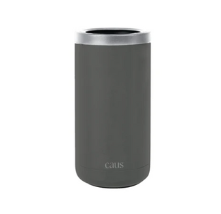 A gray stainless steel can cooler with the brand name 'CAUS' inscribed on the front.