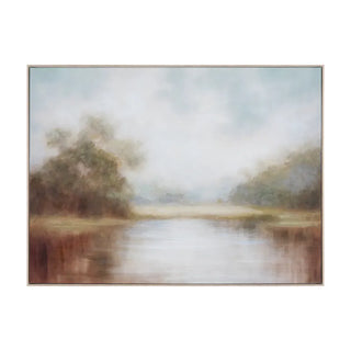 Cedar Hand Painted Framed Canvas A hand-painted canvas depicting a landscape with a body of water, trees, and a sky background, framed in a light-colored frame.