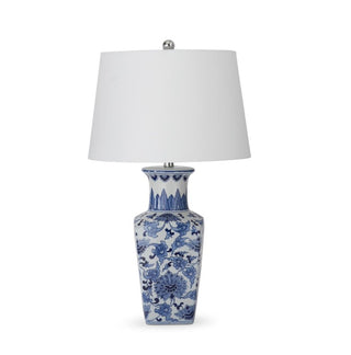 Ceramic Blue & White Chinoiserie Square Lamp with White Shade