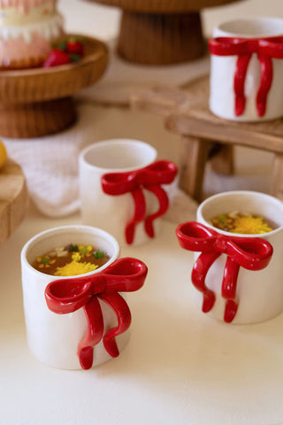 Ceramic Christmas Bow Coffee Mug three dimensional red and white