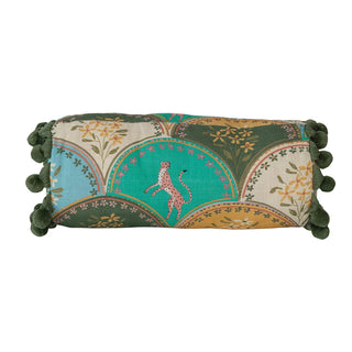 Cheetah and Flower Pattern Bolster Pillow with Pom Pom Trim brown beige teal light blue green olive