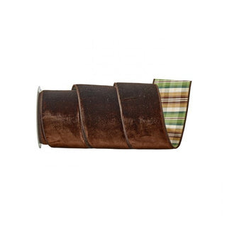 Chocolate Velvet with Hunting Plaid Backed Ribbon 4" SOLD BY THE FOOT