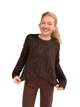 Woman in Chocolate with Pops of Color Sweater