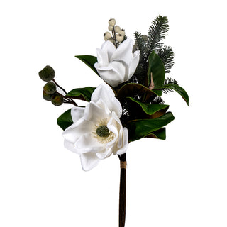 An artificial floral arrangement featuring two large white magnolia flowers, dark green leaves, pine branches, and small green berries on a dark stem, isolated on a white background. Christmas Magnolia Bundle 21"