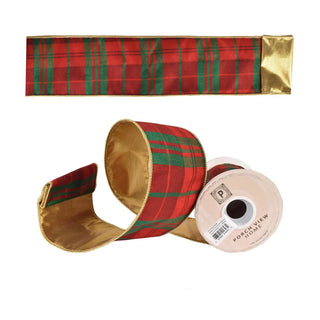 Christmas Plaid Ribbon 4" - Sold by the foot  red green gold lame back