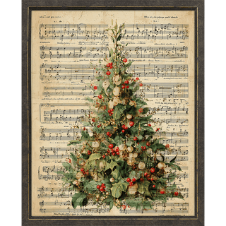 Christmas Tree Framed Print
Framed wall art featuring a Christmas tree decorated with green leaves, red berries, and small gold ornaments, set against a vintage sheet music background.