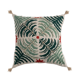 Christmas Tree Square Cotton & Linen Printed Pillow with Jute Tassels